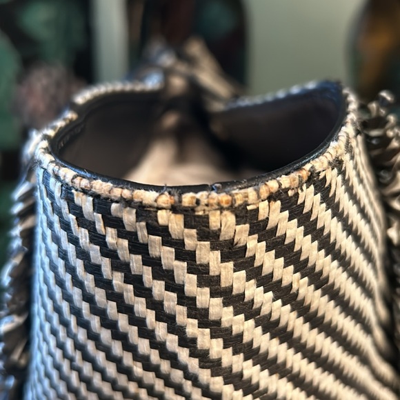 Brian Atwood Black & White Rafia Tote w Fringe Detail & Black Leather Straps